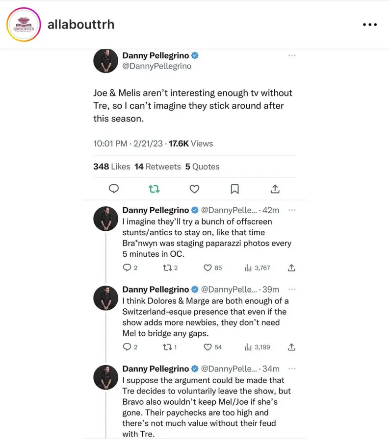 Danny Pellegrino estime qu&rsquo;Andy Cohen devrait renvoyer Melissa Gorga.
De plus, Melissa affirme qu&rsquo;elle est une personnalité clivante et critique la nouvelle recrue, Danielle Cabral, pour son désir de devenir housewife.